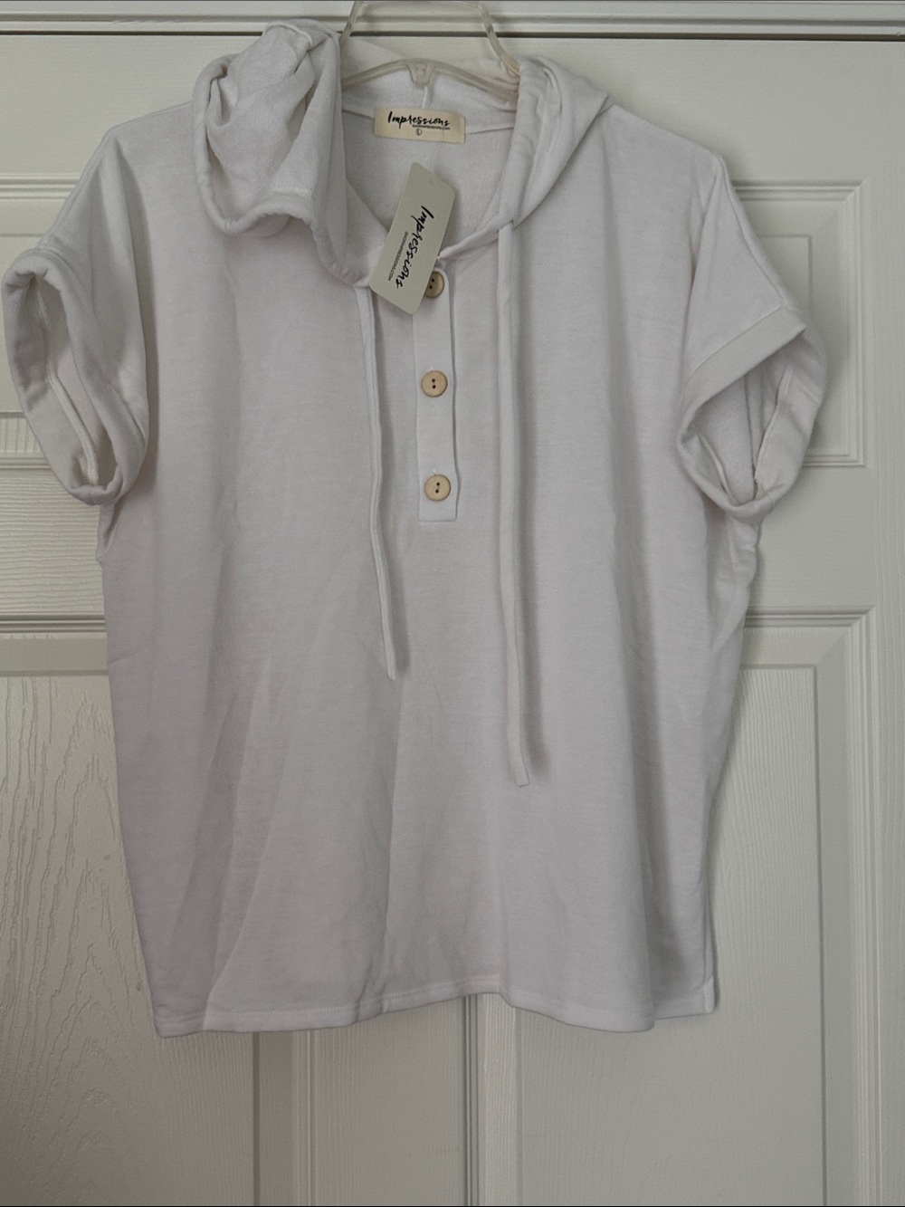 Impressions White Ladies' Hooded Short-Sleeve Button Top
